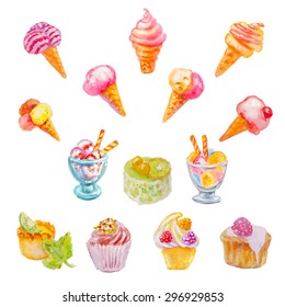Set of isolated watercolor cakes and ice cream