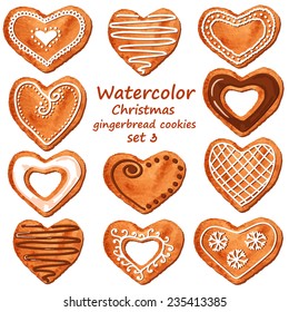 Set of isolated watercolor Christmas heart shape gingerbread cookies. Vector illustration
