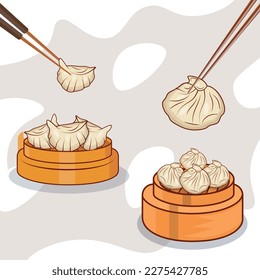 Conjunto De Suma De Agua Aislada, Palillos, Ilustraciones De Comida Asain. Diseño Premium de alta calidad. Excelente Vector Creativo De Ilustraciones Dim Sum Con Fondo. 