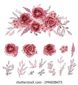 set isolated watercolor flower red maroon and leaf