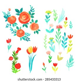 Set of isolated watercolor flowers (trace)