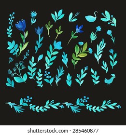 Set of isolated watercolor flowers (trace)