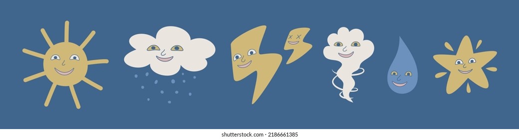 Set of isolated weather icons. Cute collection of weather illustrations. Vector design elements of sun rain cloud etc.