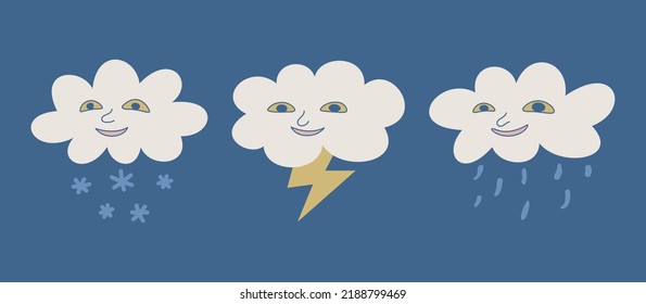 Set of isolated weather icons. Cute collection of cloud illustrations. Vector design elements of cloudy weather.