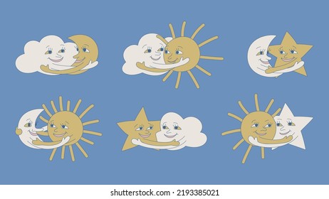 Set of isolated weather icons. Cute collection of embracing illustrations. Vector design elements of sun moon cloud and star hugs