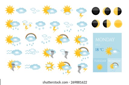 Set of isolated, weather icons on white background