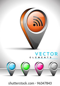 Set of isolated website and internet web 2.0 icons or navigation pins with RSS feed symbol.