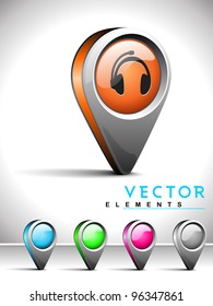 Set of isolated website and internet web 2.0 icons or navigation pins for sound or music with headphone symbol.