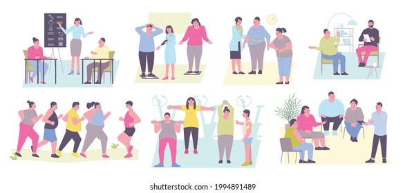 Set of isolated weight loss program challenge compositions of flat doodle human characters and various sceneries vector illustration