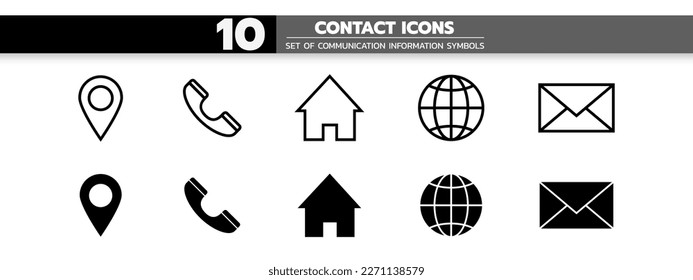 set of isolated white or black contact information symbols  warning sign for pictograms, icon, label, logo or package industry etc. flat style vector design.