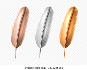 Set of isolated white and bronze, golden bird realistic feather. Soft or lightweight quill of peacock or swan, angel or dove, hen. Plume or fluff from wing. Colorful decoration and indian feathering