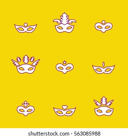 Set of isolated white carnival masks on yellow background