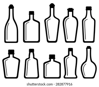 set isolated white glass alcohol bottles silhouette