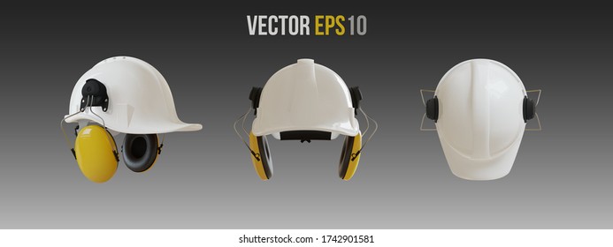Set of Isolated white hard hats with ear defenders. Realistic 3D Vector