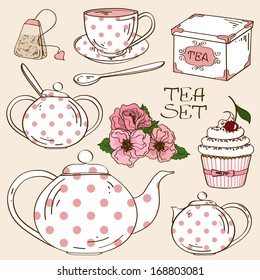 Set of isolated white pink polka dots tea service icons