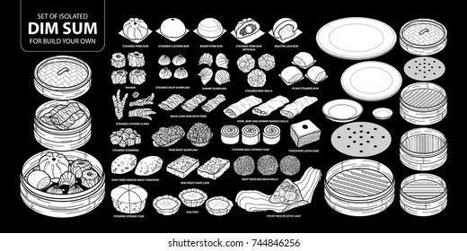 Set of isolated white silhouette Chinese food, Dim Sum for build your own. Cute hand drawn food vector illustration in white plane and no outline on black background.