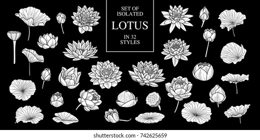 Set of isolated white silhouette lotus in 32 styles .Cute hand drawn flower vector illustration in white plane and no outline on black background.