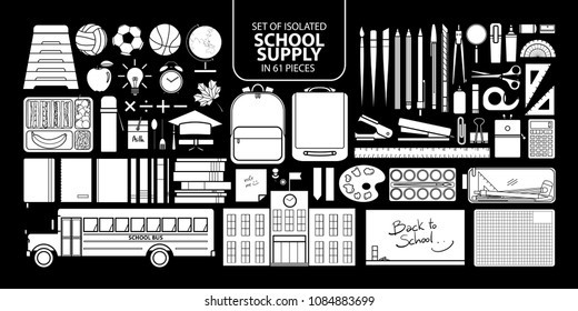 Set of isolated white silhouette school supply in 61 pieces. Cute objects vector illustration in white plane without outline on black background.