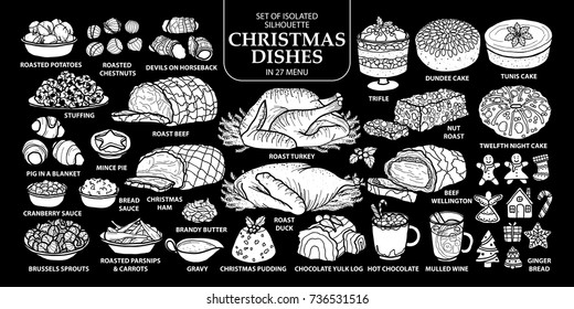 Set of isolated white silhouette traditional English style Christmas dishes in 27 menu. Cute hand drawn food vector illustration in white plane and no outline on black background.