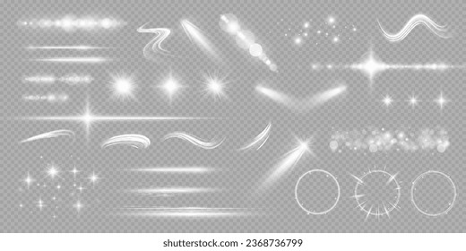 Set of isolated white transparent light effects, glare, explosion, sparkle, dust, line, solar flare, spark and stars, spotlight, curve rotation. Light everyday glowing effect. semicircular wave. 