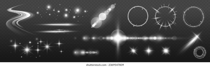 Set of isolated white transparent light effects, glare, explosion, sparkle, dust, line, solar flare, spark and stars, spotlight, curve rotation. Light everyday glowing effect. semicircular wave. 