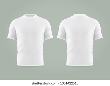 Set of isolated white t-shirt or realistic apparel with u-neck and short sleeve. 3d blank or empty, clear cotton t shirt. Men and women, male and female clothing. Man and woman uniform mockup