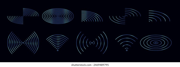 Set of isolated Wi-Fi signal icon, waves emanate from the source, neon effect. Vector illustration eps10