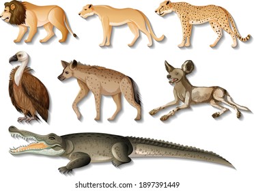 Set of isolated Wild African Animals on white background illustration