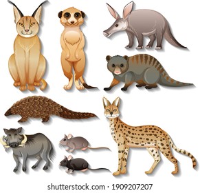 Set of isolated wild african animals on white background illustration