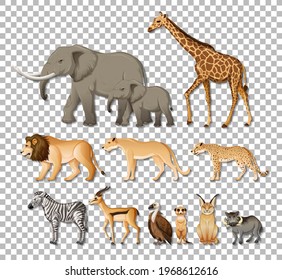 Set of isolated wild african animals on transparent background illustration