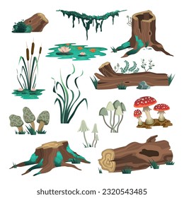 Set of isolated wild forest images with moss logs mushrooms and swamp elements on blank background vector illustration