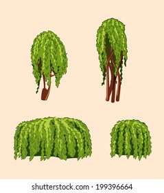 Set of isolated willow trees and bushes.