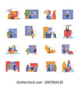Set of isolated windows cleaning icons and flat images of service workers in uniform with equipment vector illustration