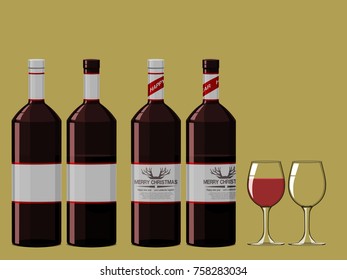 Set of Isolated wine bottle and glass on golden background
