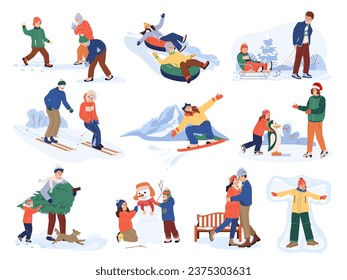 Set of isolated winter family leisure activity cartoon characters. Vector collection of men and women, adult people and children skiing, ice skating, snowboarding, make snowman together. Flat style