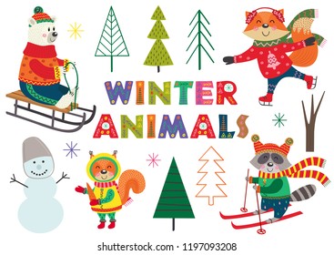 set of isolated winter fun with animals part 1 - vector illustration, eps