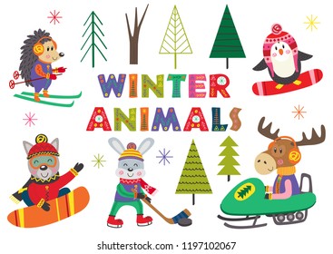 set of isolated winter fun with animals part 2 - vector illustration, eps