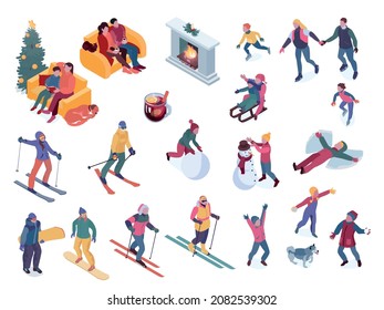 Set of isolated winter holiday isometric icons with people chilling on sofa making snowman skating skiing vector illustration