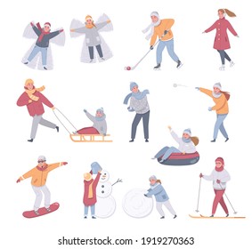 Conjunto de íconos aislados de actividades deportivas de invierno de ocio dibujos animados con personajes humanos de adultos niños ilustración vectorial