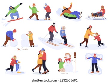 Set of isolated winter sports leisure activity cartoon characters. Collection of men and women, adult people and children skiing, ice skating, snowboarding, make snowman. Flat vector illustration