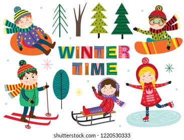 set of isolated winter time with kids part 1  - vector illustration, eps
