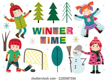 set of isolated winter time with kids part 2  - vector illustration, eps