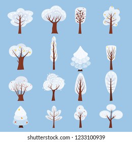 Set of Isolated Winter tree decorate stylized, snow, naked. Vector, cartoon style, isolated, template in cartoon style for your design.