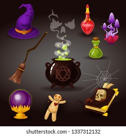 Set of isolated witchcraft or wizard, helloween items. Cauldron with boiled liquid and ghost, potion and mushroom, spider web, book with skull, voodoo doll, crystal ball, orbuculum, witch broom, hat