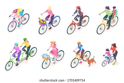 Set of isolated woman cyclist on bikes with baskets. Bike with women rider and flowers, grocery. Female with child or kid on cycle. Bicyclist and dog at walk. Pedal activity.Biking vector illustration