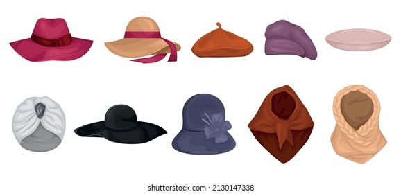 Set with isolated woman hats icons with images of fashionable female hats modern and old fashioned vector illustration