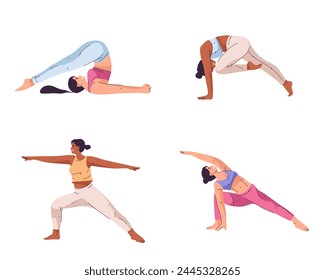 Set of isolated woman yoga poses. Vector symbol of asana stretching or fitness posture for physical health and flexibility. Halasana or plow, plough and revolved side angle, warrior II or two position