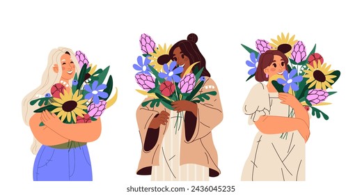 Set of isolated women with flower. Vector mother with bouquet or woman with floral gift or present. Sign or card design for spring or international mom holiday. Cartoon female with plant poster