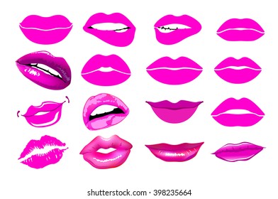 Set of isolated women lips. Vector illustration. Lips set. design element. Woman's lip gestures set. Girl mouths close up with red lipstick makeup expressing different emotions. EPS10 vector. art