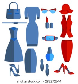Set isolated women's clothing and accessories into a flat style, skirt, dress, shoes, sunglasses. Stylish office outfits that can be edited to suit your design. Vector illustration